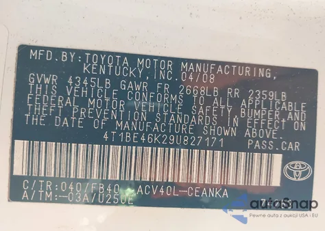 2009 Toyota Camry Le z USA, uszkodzony, nr VIN 4T1BE46K29U827171